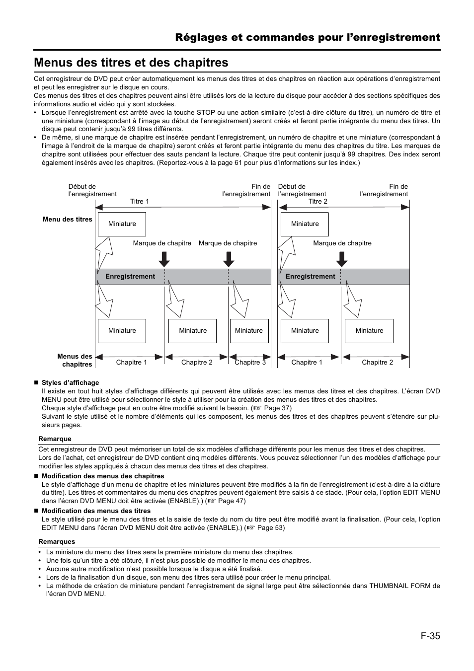 Menus des titres et des chapitres, Réglages et commandes pour l’enregistrement | JVC BD-X201MS User Manual | Page 201 / 498