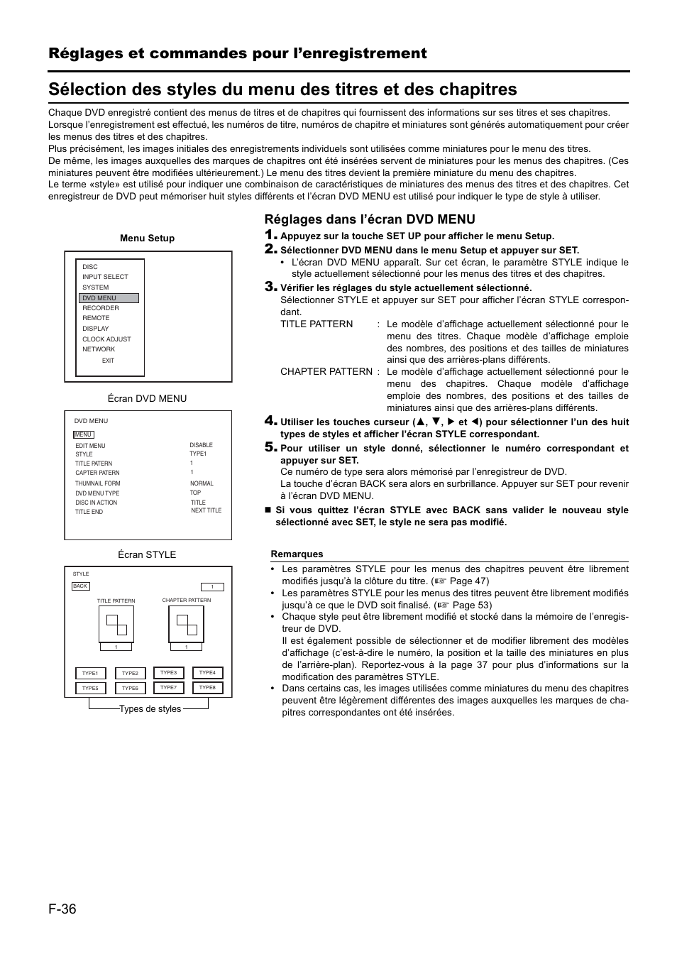 Réglages et commandes pour l’enregistrement, F-36, Réglages dans l’écran dvd menu 1 | JVC BD-X201MS User Manual | Page 202 / 498