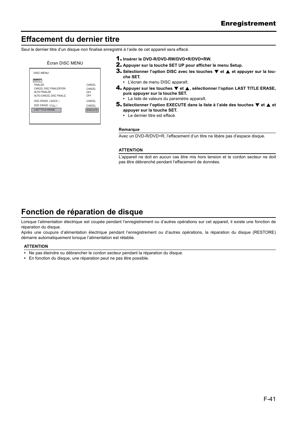 Effacement du dernier titre, Fonction de réparation de disque, Enregistrement | JVC BD-X201MS User Manual | Page 207 / 498