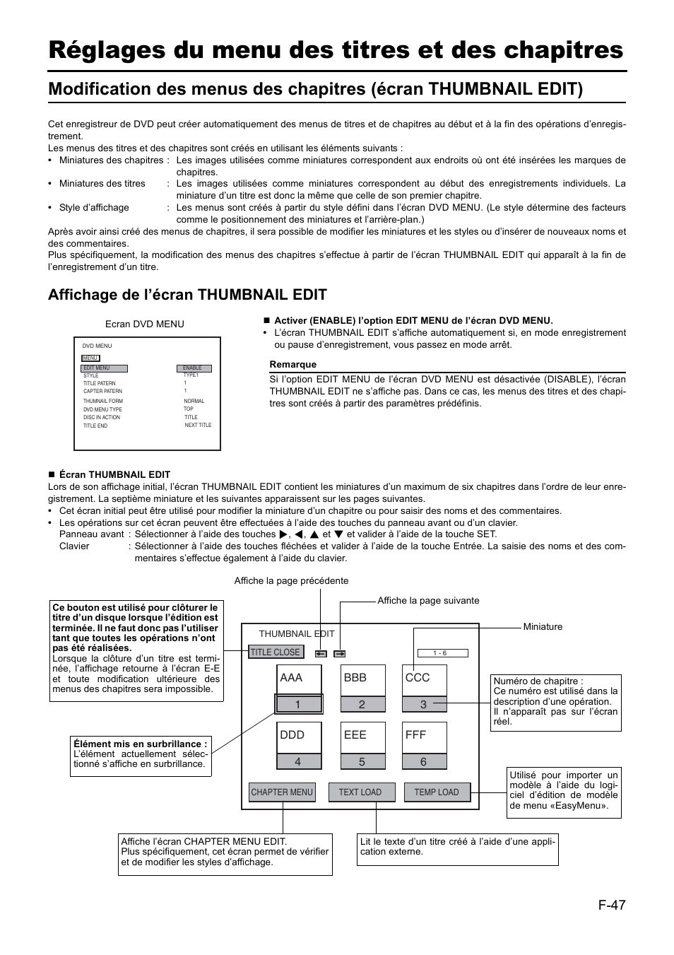 Réglages du menu des titres et des chapitres, Affichage de l’écran thumbnail edit | JVC BD-X201MS User Manual | Page 213 / 498