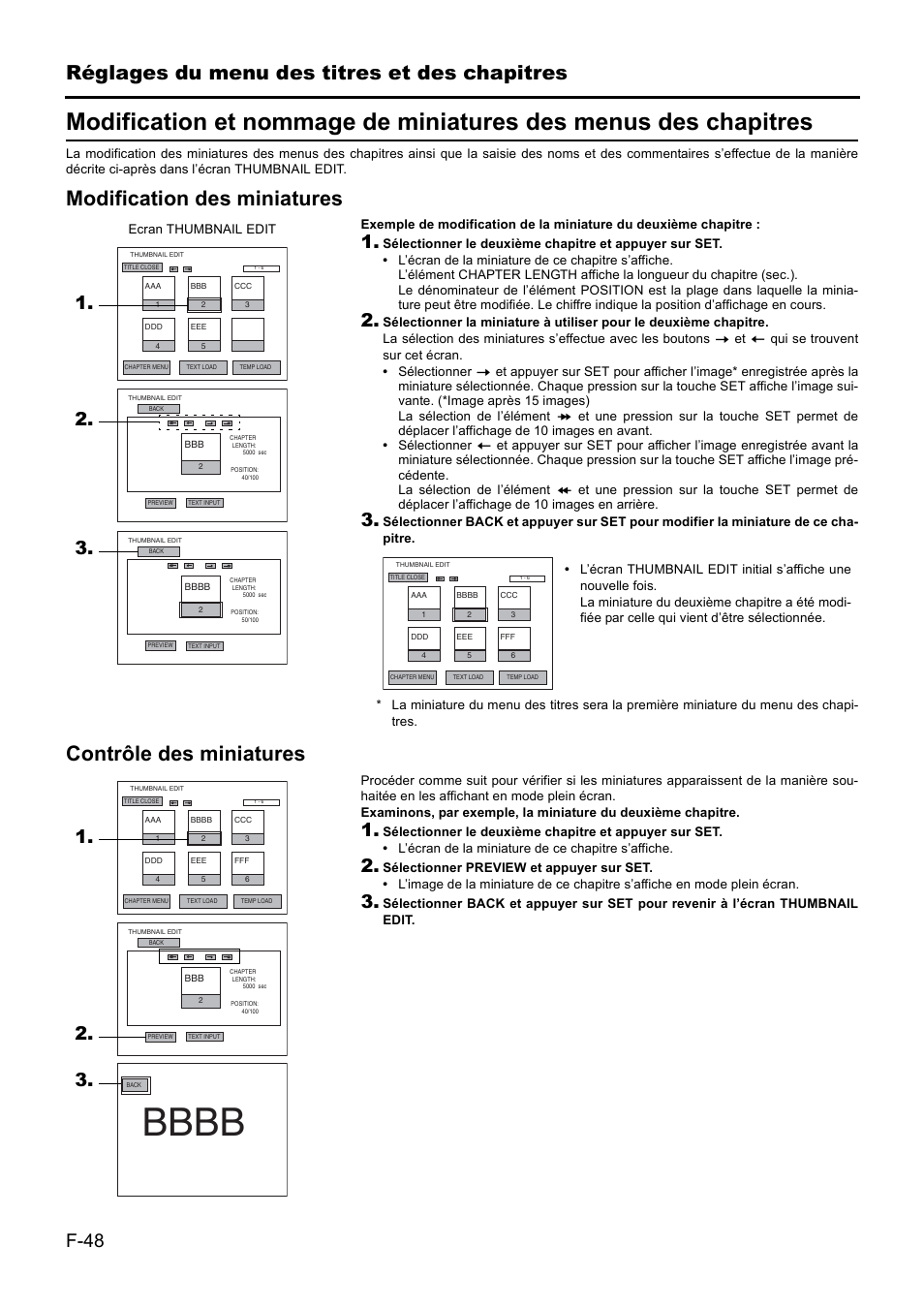 Réglages du menu des titres et des chapitres, F-48 | JVC BD-X201MS User Manual | Page 214 / 498