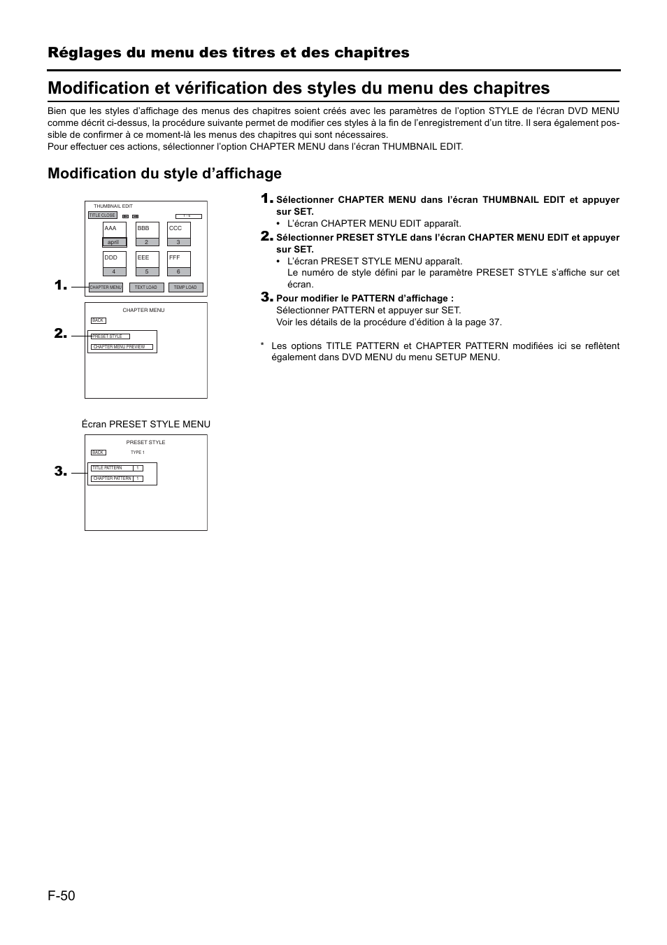 Réglages du menu des titres et des chapitres, Modification du style d’affichage, F-50 | JVC BD-X201MS User Manual | Page 216 / 498