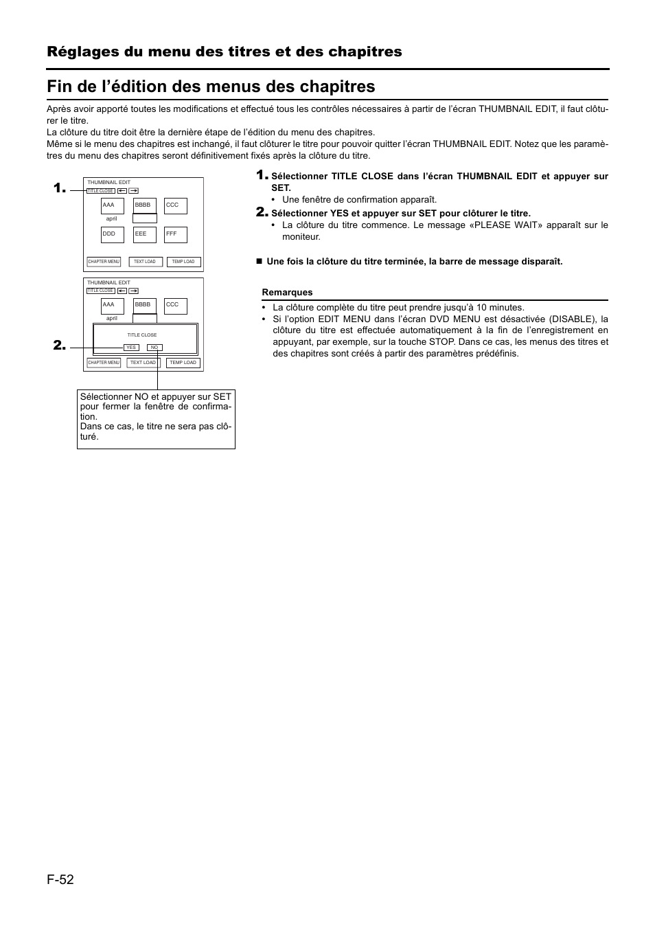 Fin de l’édition des menus des chapitres, Réglages du menu des titres et des chapitres, F-52 | JVC BD-X201MS User Manual | Page 218 / 498