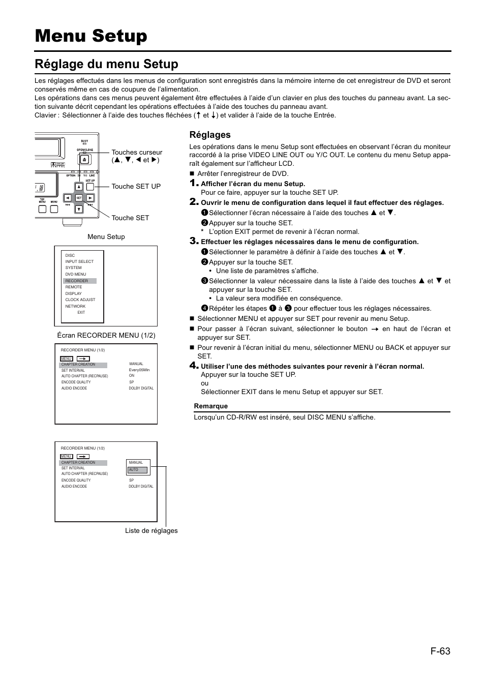 Menu setup, Réglage du menu setup, F-63 | Réglages | JVC BD-X201MS User Manual | Page 229 / 498