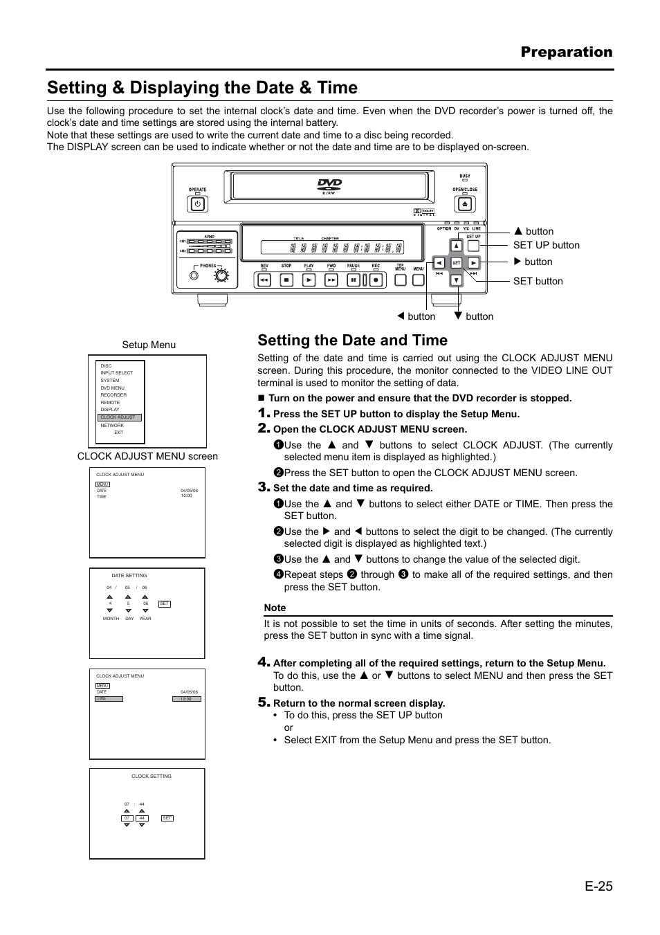 Setting & displaying the date & time, Setting the date and time, Preparation | E-25 | JVC BD-X201MS User Manual | Page 25 / 498