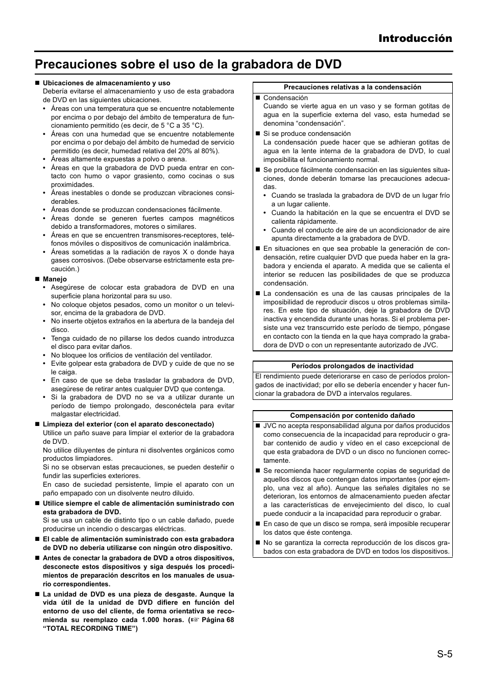 Precauciones sobre el uso de la grabadora de dvd, Introducción | JVC BD-X201MS User Manual | Page 254 / 498