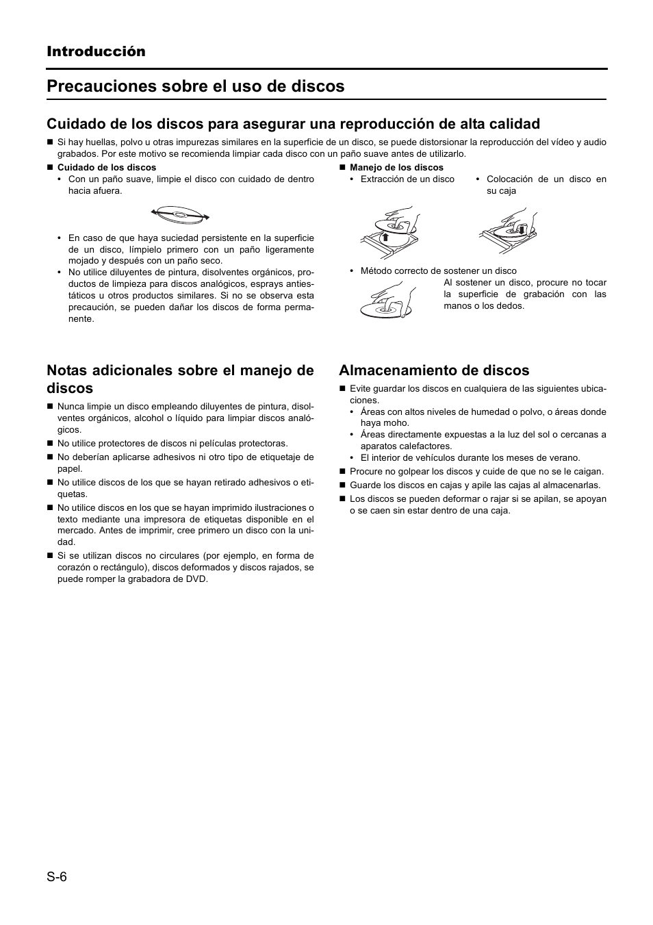 Precauciones sobre el uso de discos, Introducción, Notas adicionales sobre el manejo de discos | Almacenamiento de discos | JVC BD-X201MS User Manual | Page 255 / 498