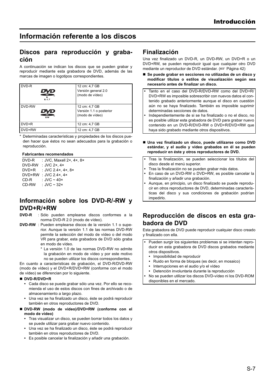 Información referente a los discos, Introducción, Discos para reproducción y graba- ción | Información sobre los dvd-r/-rw y dvd+r/+rw, Finalización, Reproducción de discos en esta gra- badora de dvd | JVC BD-X201MS User Manual | Page 256 / 498