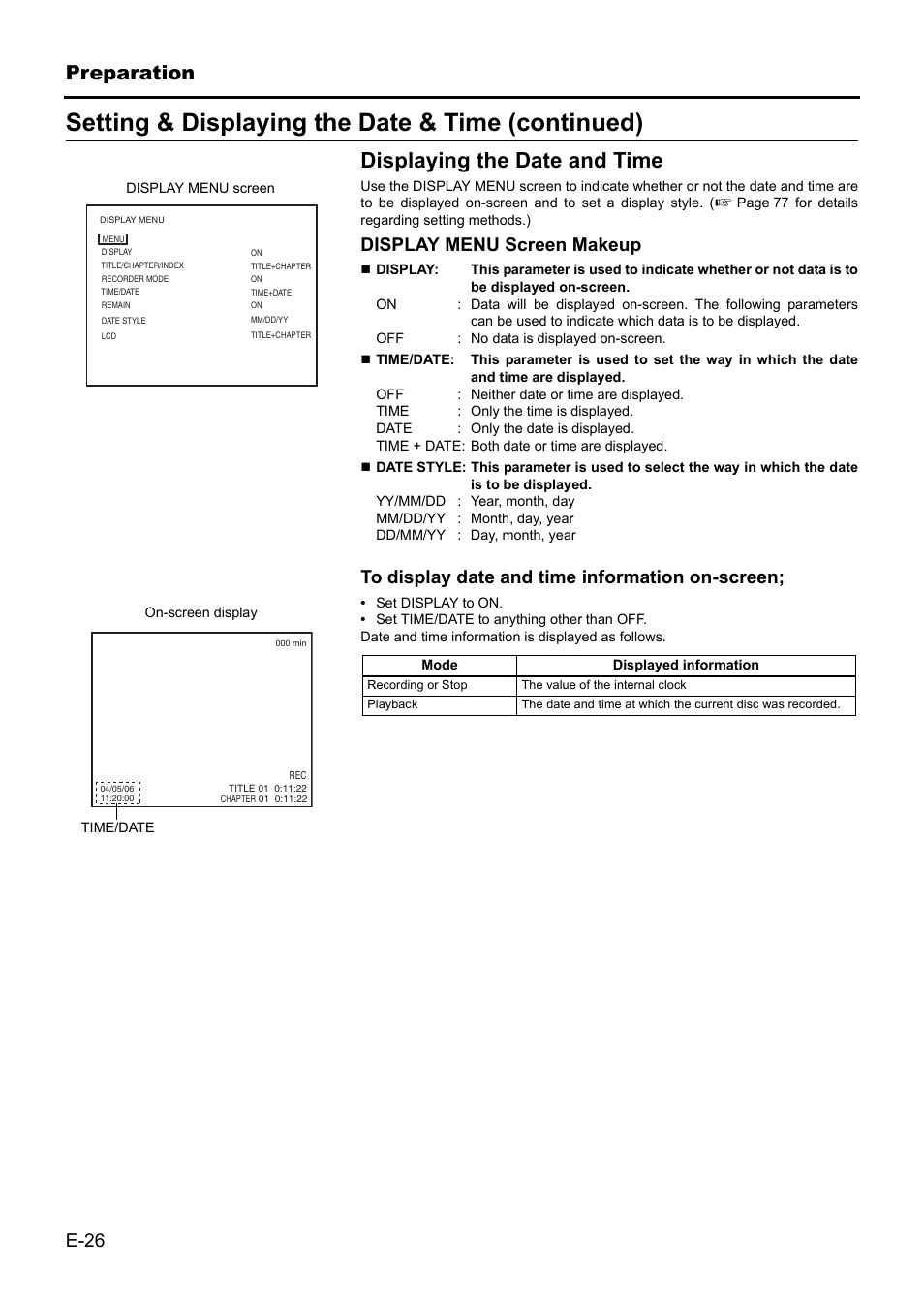 Setting & displaying the date & time (continued), Displaying the date and time, Preparation | JVC BD-X201MS User Manual | Page 26 / 498