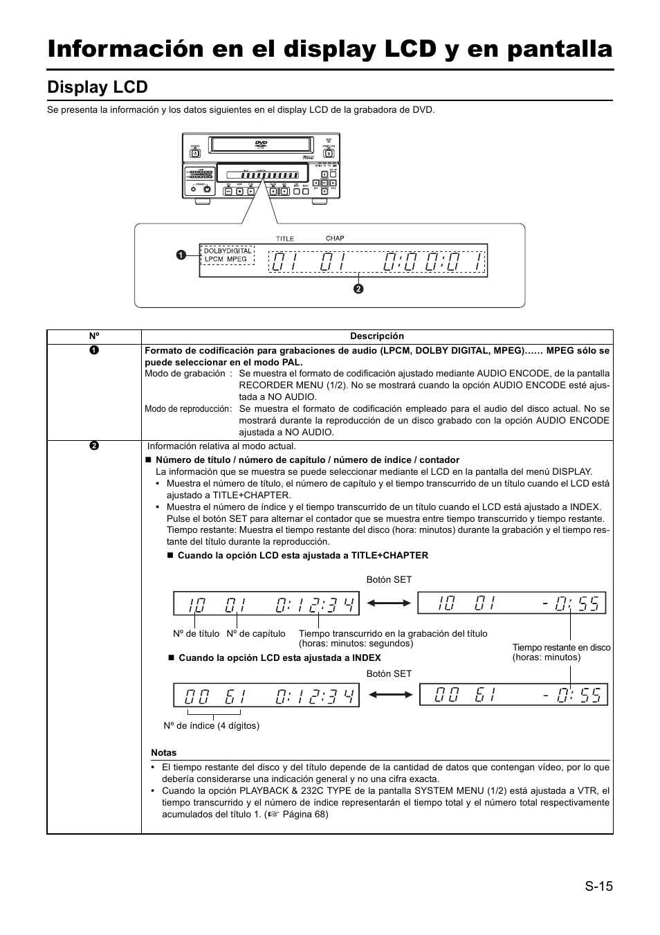 Información en el display lcd y en pantalla, Display lcd | JVC BD-X201MS User Manual | Page 264 / 498