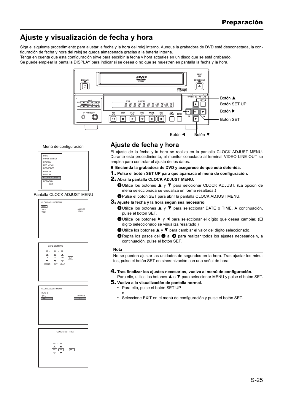 Ajuste y visualización de fecha y hora, Preparación, Ajuste de fecha y hora | S-25 | JVC BD-X201MS User Manual | Page 274 / 498