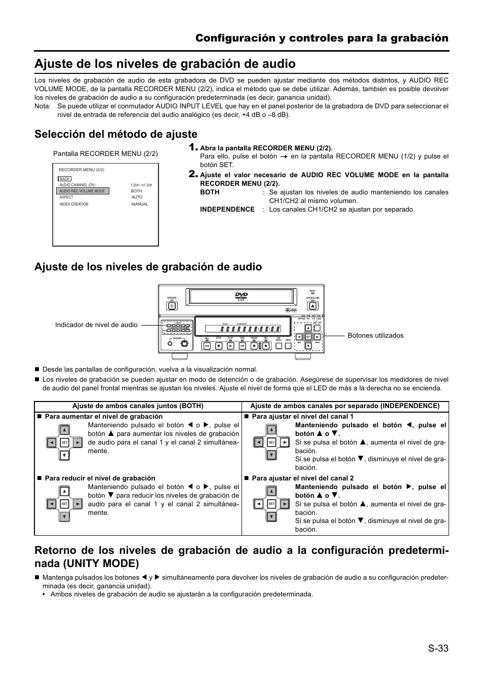 Ajuste de los niveles de grabación de audio, Configuración y controles para la grabación | JVC BD-X201MS User Manual | Page 282 / 498