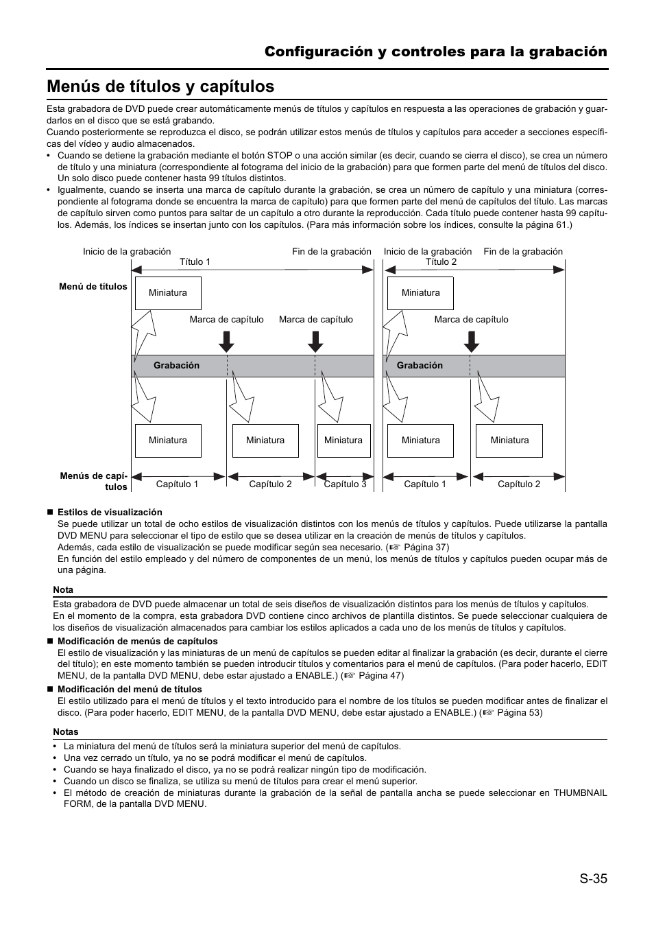 Menús de títulos y capítulos, Configuración y controles para la grabación | JVC BD-X201MS User Manual | Page 284 / 498
