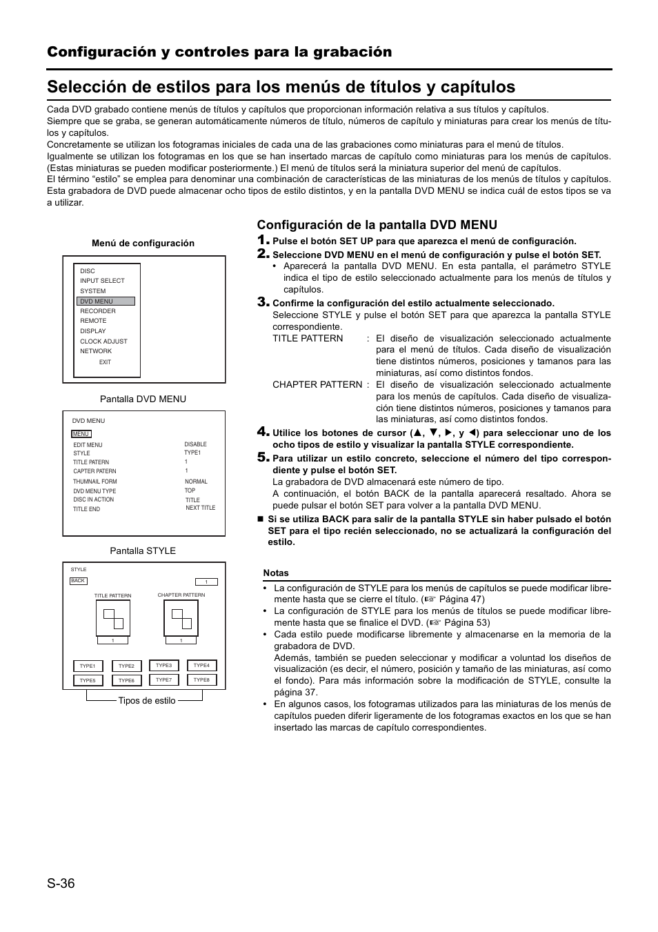 Configuración y controles para la grabación, S-36, Configuración de la pantalla dvd menu 1 | JVC BD-X201MS User Manual | Page 285 / 498