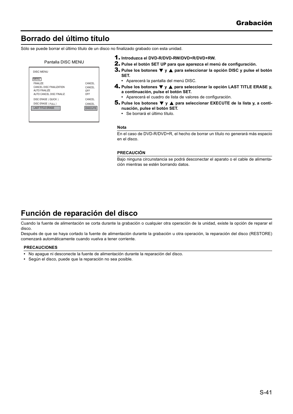 Borrado del último título, Función de reparación del disco, Grabación | JVC BD-X201MS User Manual | Page 290 / 498