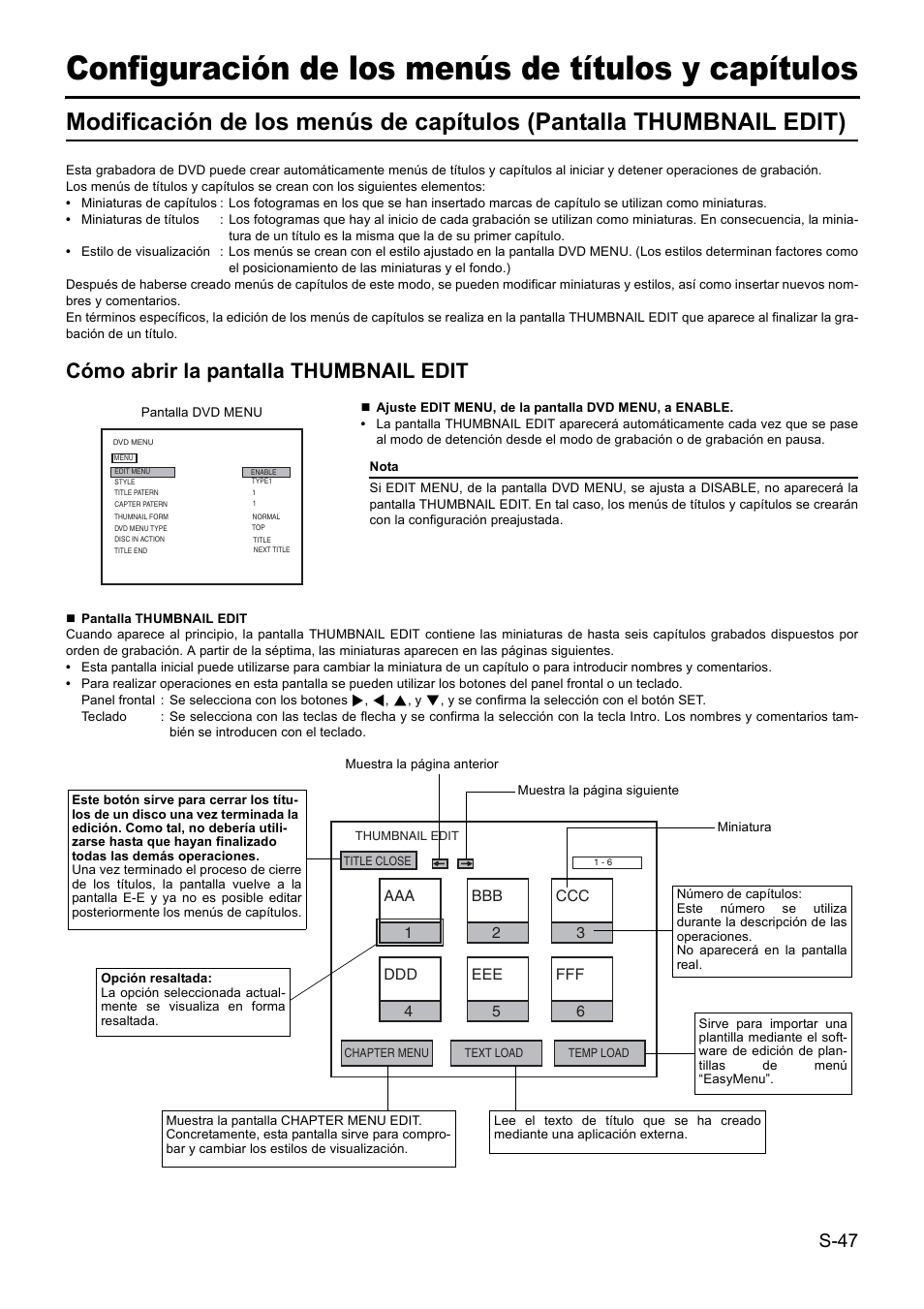 Configuración de los menús de títulos y capítulos, Cómo abrir la pantalla thumbnail edit | JVC BD-X201MS User Manual | Page 296 / 498