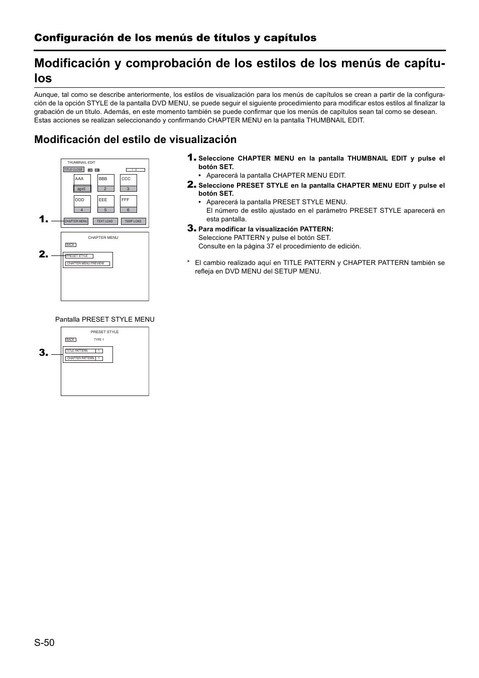 Configuración de los menús de títulos y capítulos, Modificación del estilo de visualización, S-50 | JVC BD-X201MS User Manual | Page 299 / 498