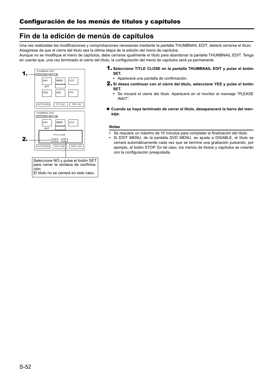 Fin de la edición de menús de capítulos, Configuración de los menús de títulos y capítulos, S-52 | JVC BD-X201MS User Manual | Page 301 / 498