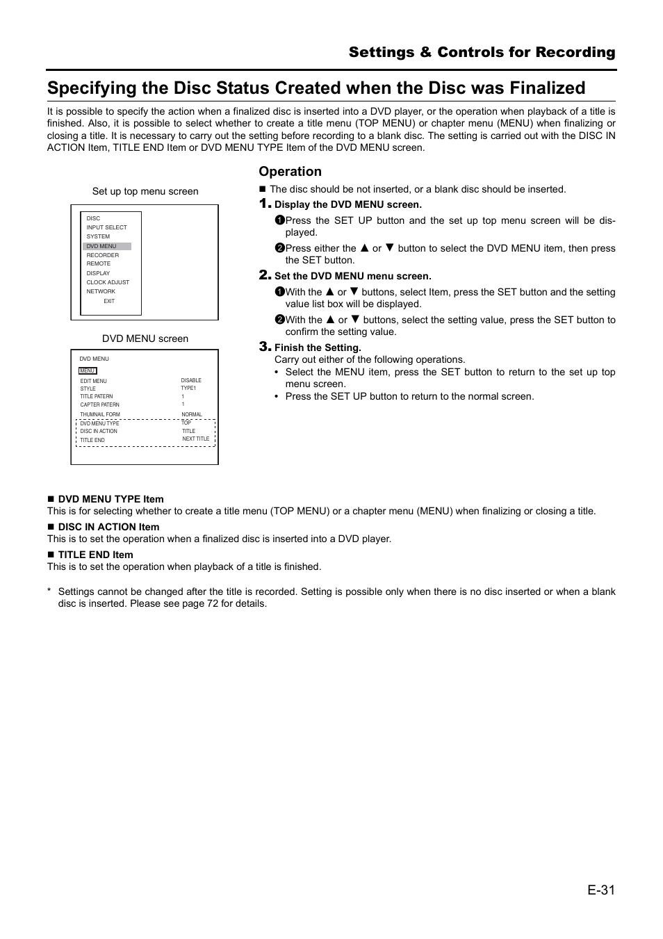 Settings & controls for recording, E-31, Operation | JVC BD-X201MS User Manual | Page 31 / 498