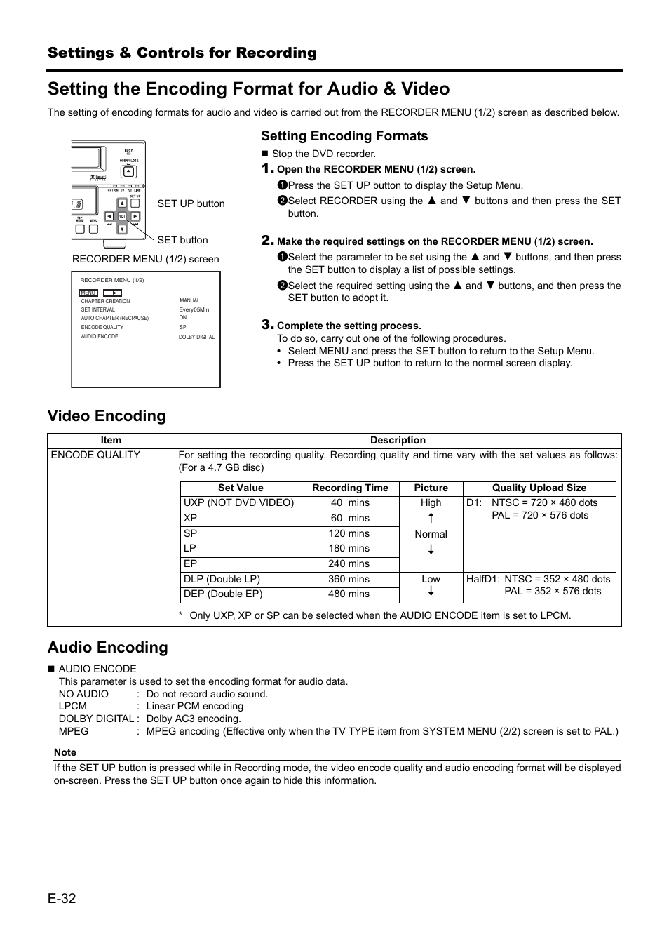 Setting the encoding format for audio & video, Ge 32, Video encoding audio encoding | JVC BD-X201MS User Manual | Page 32 / 498