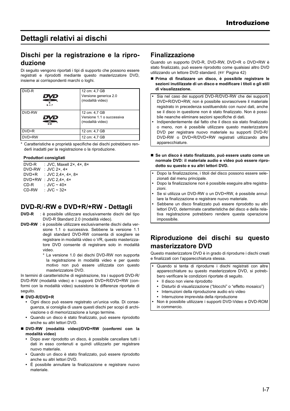 Dettagli relativi ai dischi, Introduzione, Dischi per la registrazione e la ripro- duzione | Dvd-r/-rw e dvd+r/+rw - dettagli, Finalizzazione | JVC BD-X201MS User Manual | Page 339 / 498