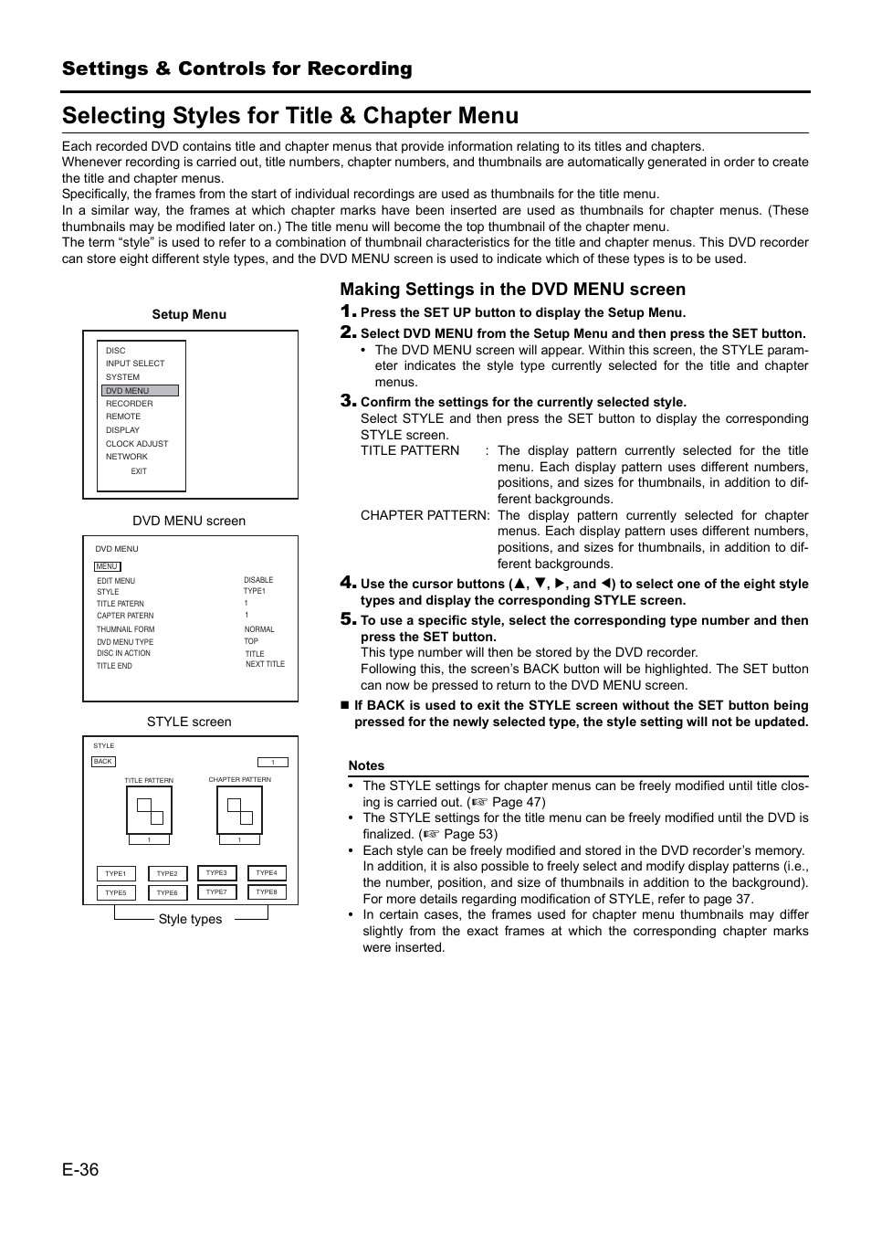 Selecting styles for title & chapter menu, Settings & controls for recording, E-36 | Making settings in the dvd menu screen 1 | JVC BD-X201MS User Manual | Page 36 / 498