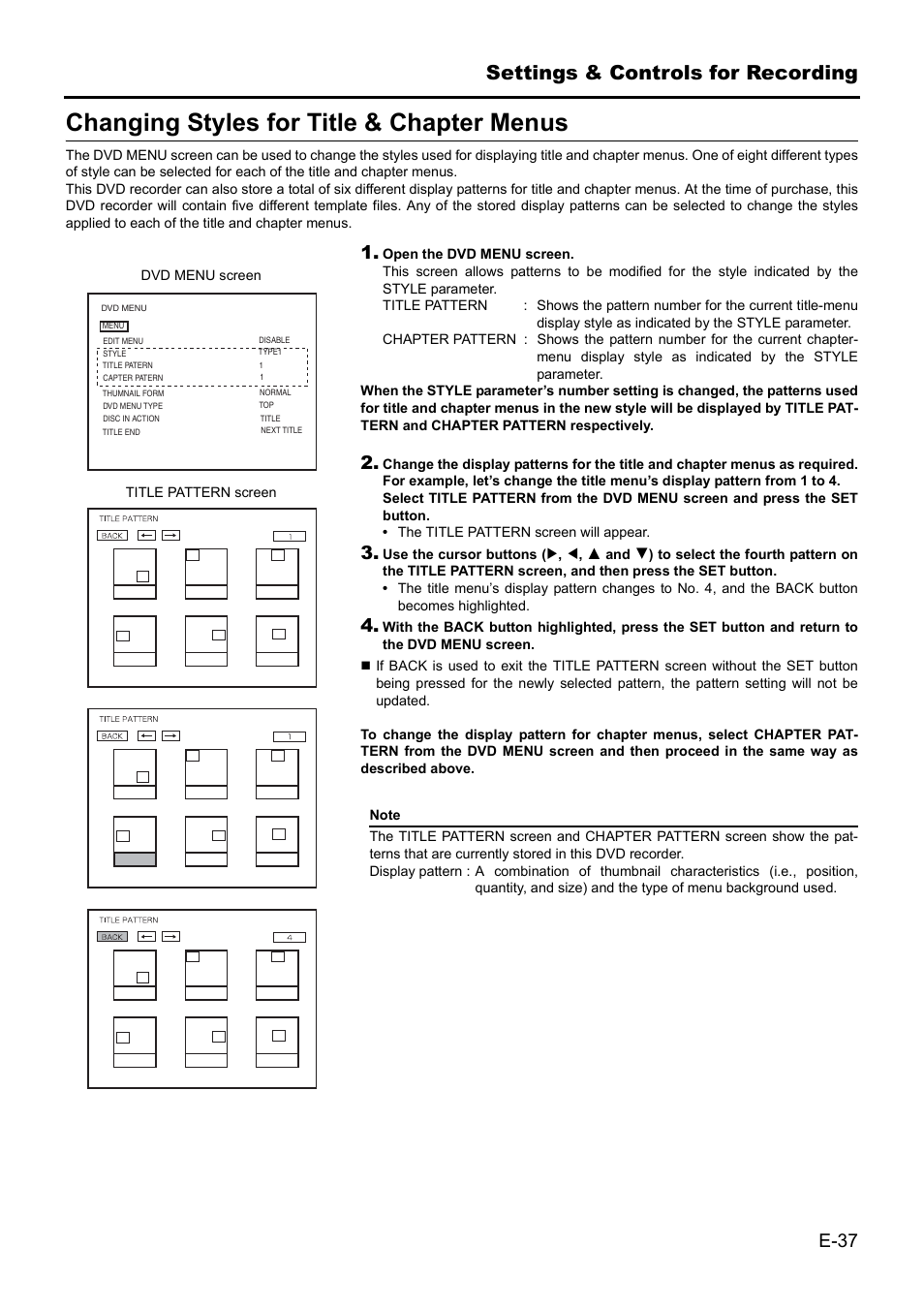 Changing styles for title & chapter menus, Settings & controls for recording | JVC BD-X201MS User Manual | Page 37 / 498