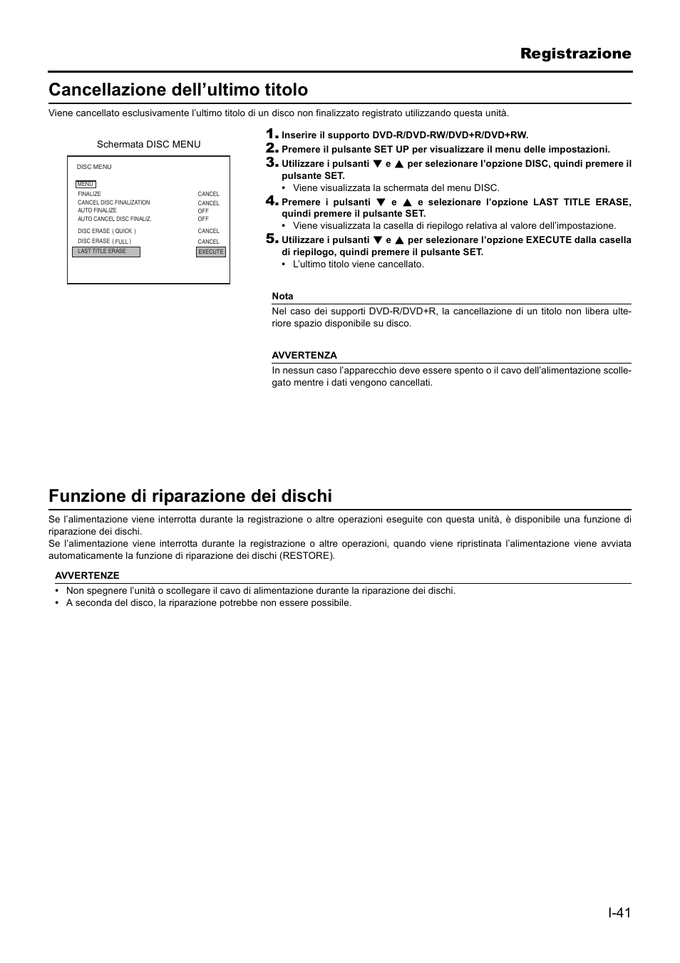 Cancellazione dell’ultimo titolo, Funzione di riparazione dei dischi, Registrazione | JVC BD-X201MS User Manual | Page 373 / 498