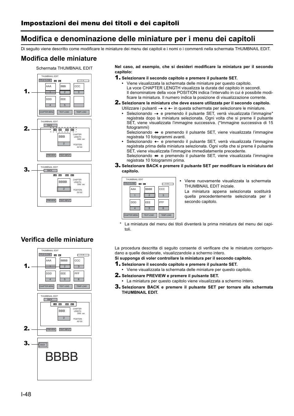 Impostazioni dei menu dei titoli e dei capitoli, Modifica delle miniature verifica delle miniature, I-48 | JVC BD-X201MS User Manual | Page 380 / 498