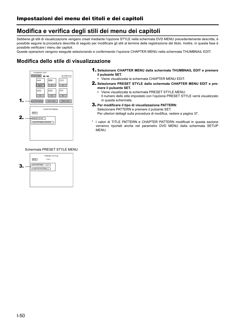 Impostazioni dei menu dei titoli e dei capitoli, Modifica dello stile di visualizzazione, I-50 | JVC BD-X201MS User Manual | Page 382 / 498