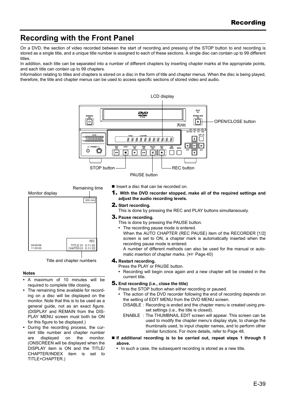 Recording with the front panel | JVC BD-X201MS User Manual | Page 39 / 498