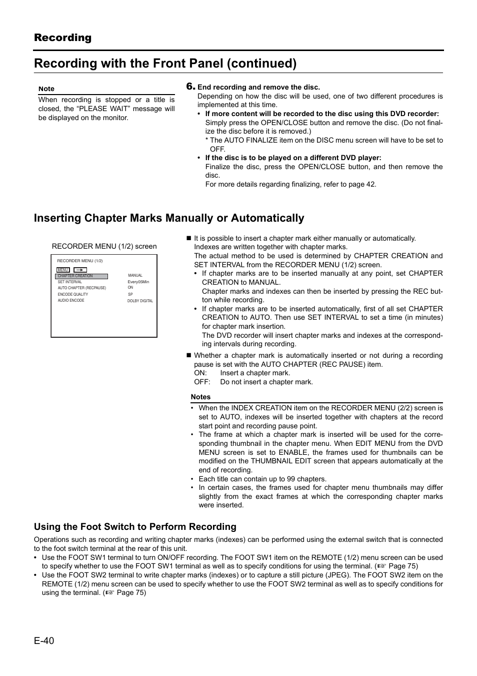 Inserting chapter marks manually or automatically, Recording with the front panel (continued), Recording | JVC BD-X201MS User Manual | Page 40 / 498