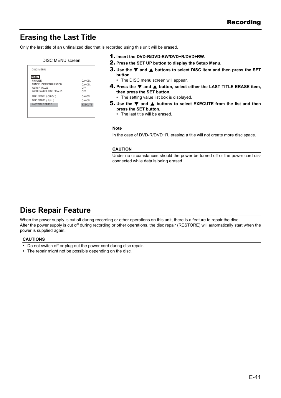 Erasing the last title, Disc repair feature, Erasing the last title disc repair feature | Recording | JVC BD-X201MS User Manual | Page 41 / 498