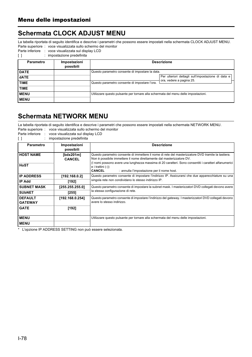 Schermata clock adjust menu, Schermata network menu, Menu delle impostazioni | JVC BD-X201MS User Manual | Page 410 / 498