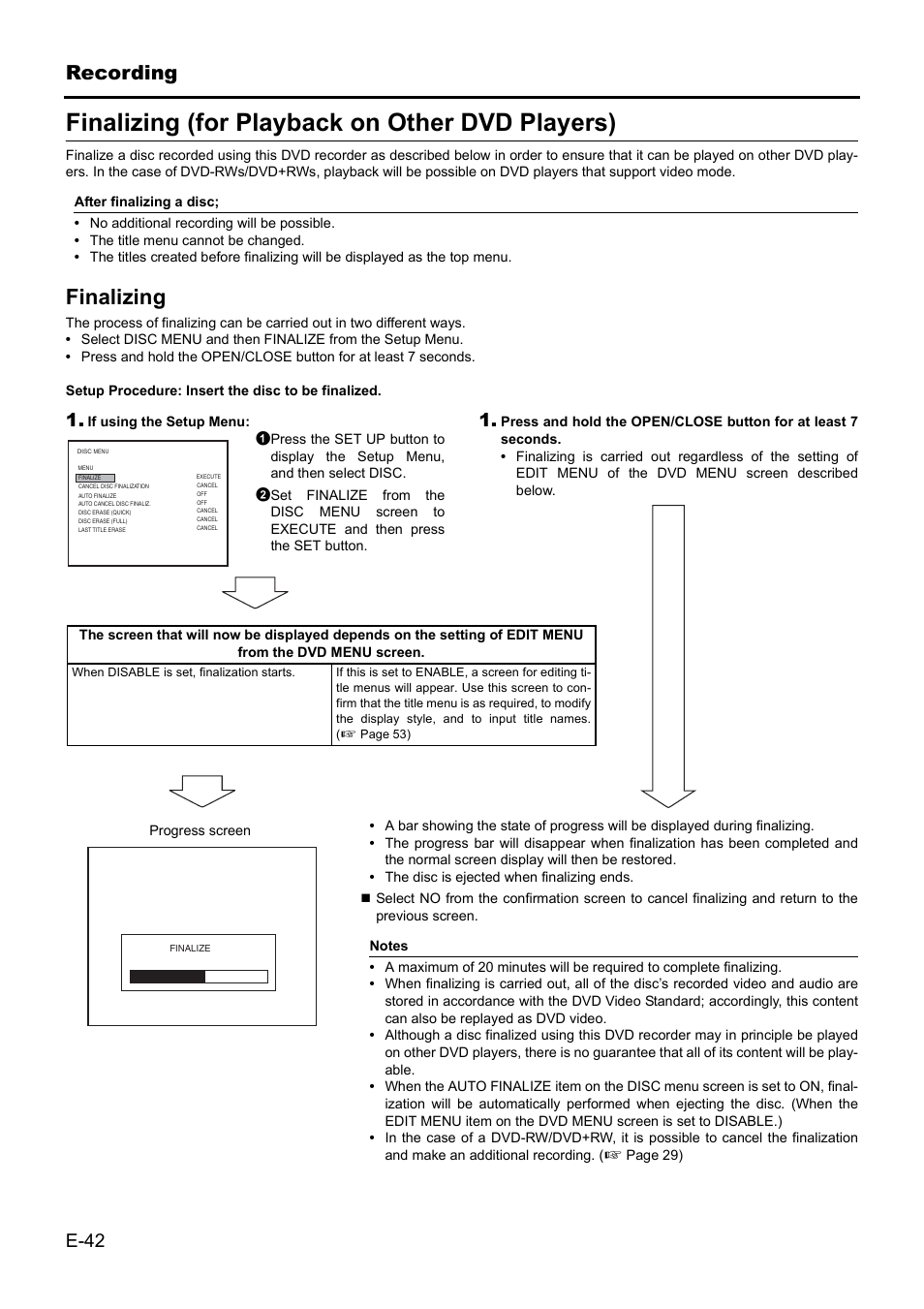 Finalizing (for playback on other dvd players), Finalizing, Recording | JVC BD-X201MS User Manual | Page 42 / 498