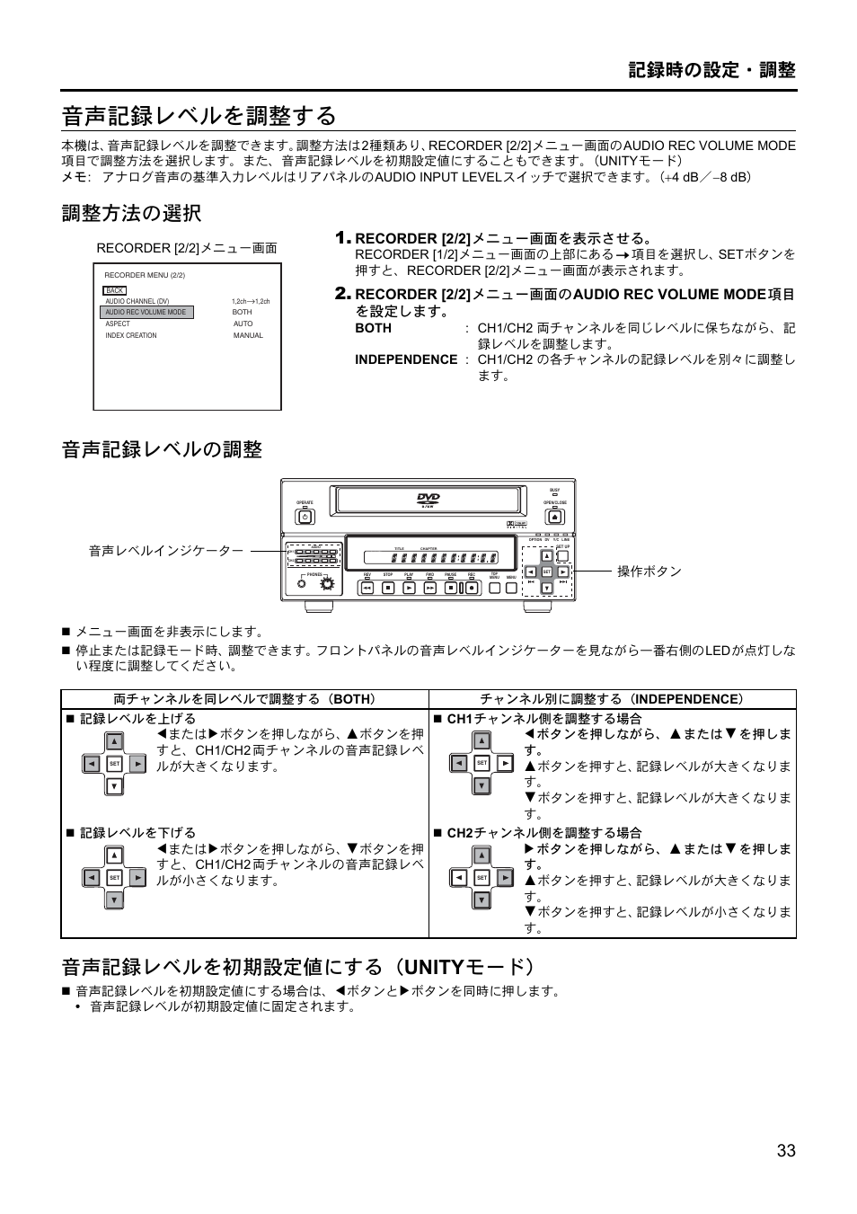 音声記録レベルを調整する, 調整方法の選択 音声記録レベルの調整, 音声記録レベルを初期設定値にする（ unity モード | 記録時の設定・調整 | JVC BD-X201MS User Manual | Page 448 / 498