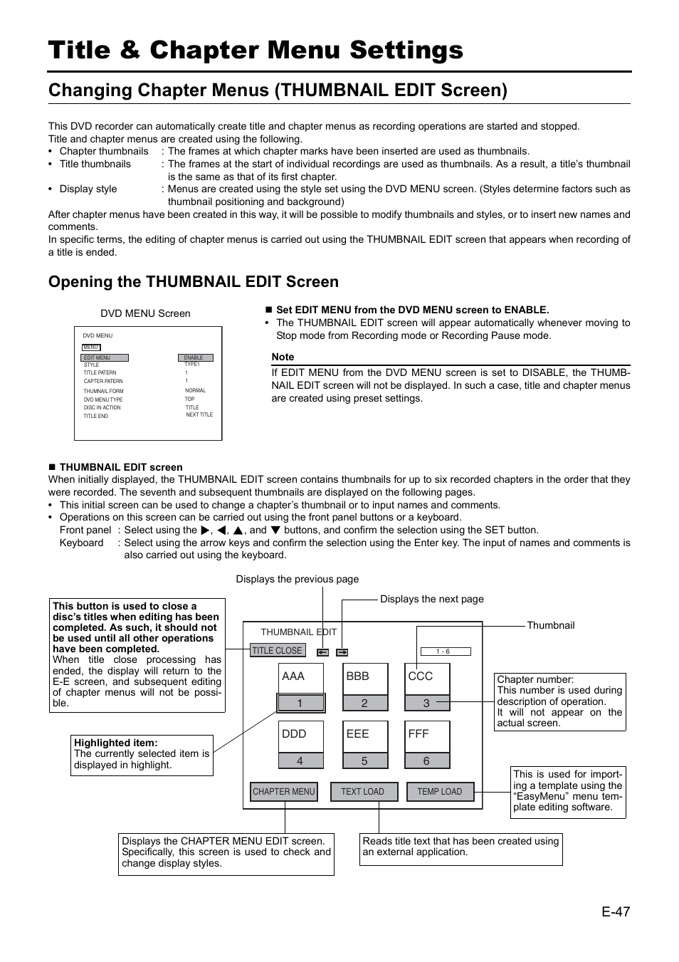Title & chapter menu settings, Changing chapter menus (thumbnail edit screen), Opening the thumbnail edit screen | JVC BD-X201MS User Manual | Page 47 / 498