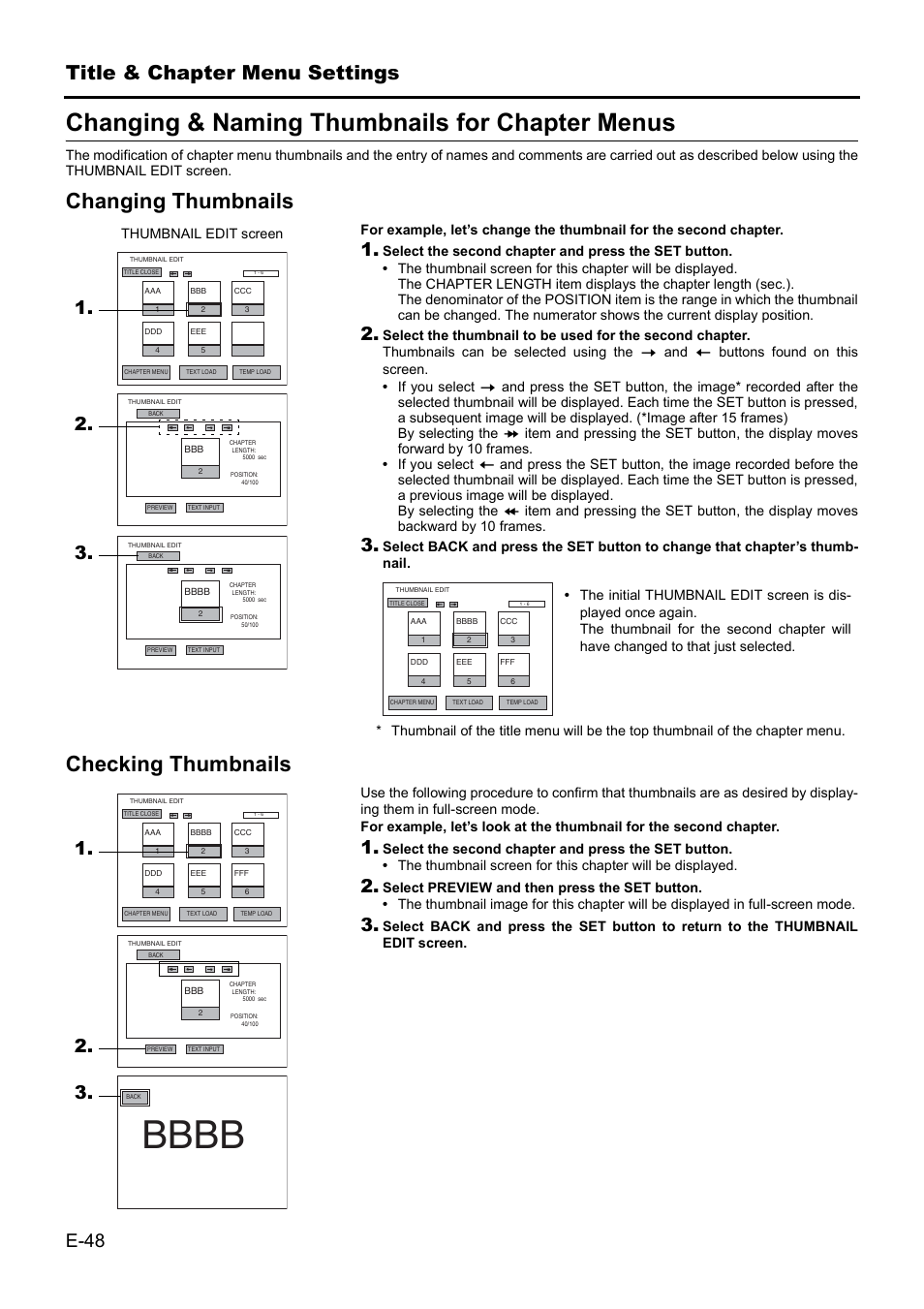 Changing & naming thumbnails for chapter menus, Changing thumbnails checking thumbnails, Title & chapter menu settings | E-48 | JVC BD-X201MS User Manual | Page 48 / 498