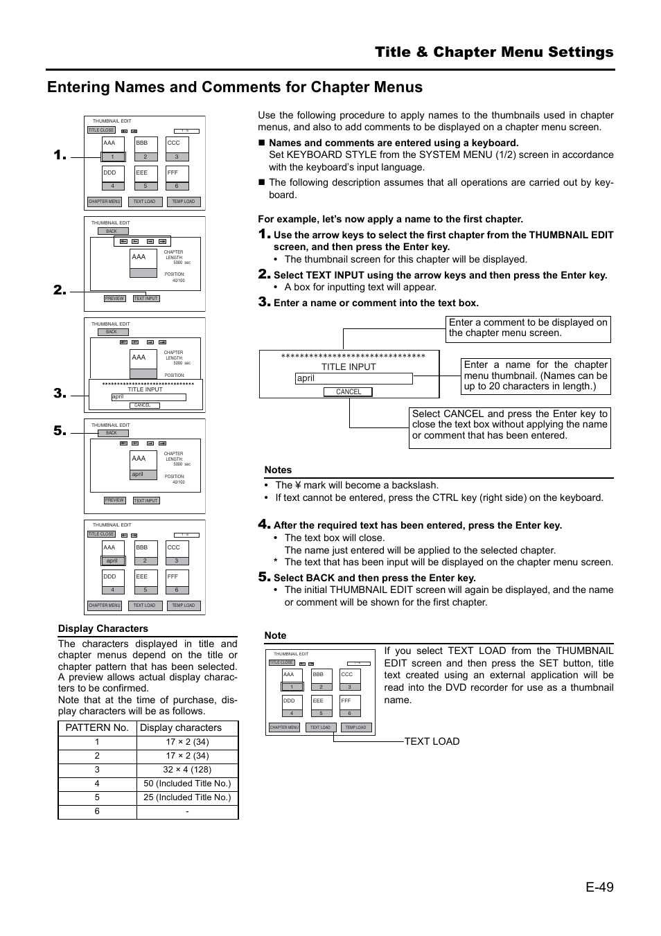 Entering names and comments for chapter menus, Title & chapter menu settings, E-49 | JVC BD-X201MS User Manual | Page 49 / 498