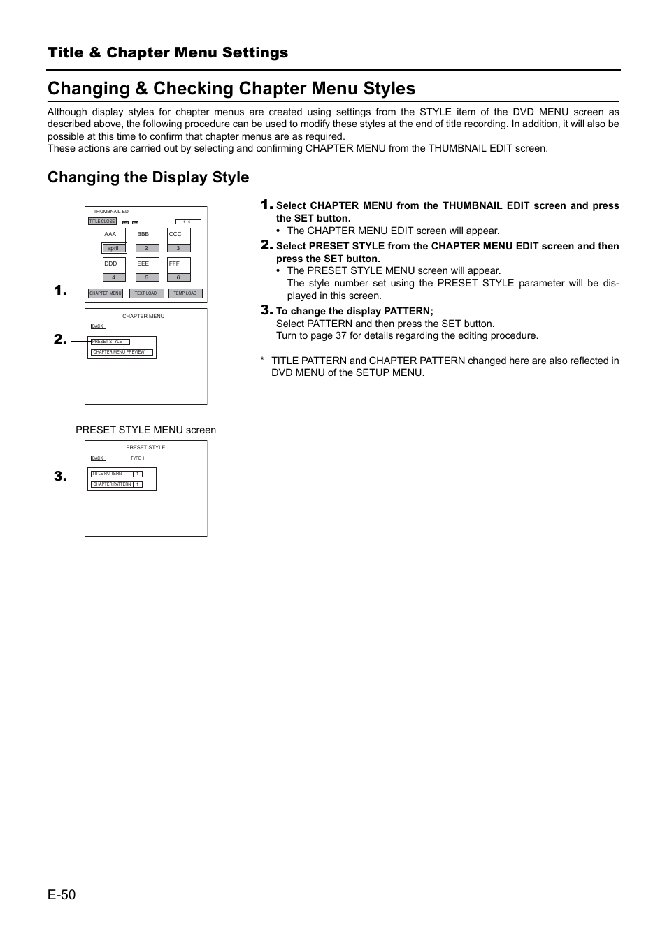 Changing & checking chapter menu styles, Changing the display style, Title & chapter menu settings | E-50 | JVC BD-X201MS User Manual | Page 50 / 498