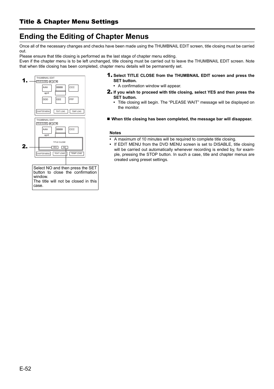 Ending the editing of chapter menus, Title & chapter menu settings, E-52 | JVC BD-X201MS User Manual | Page 52 / 498