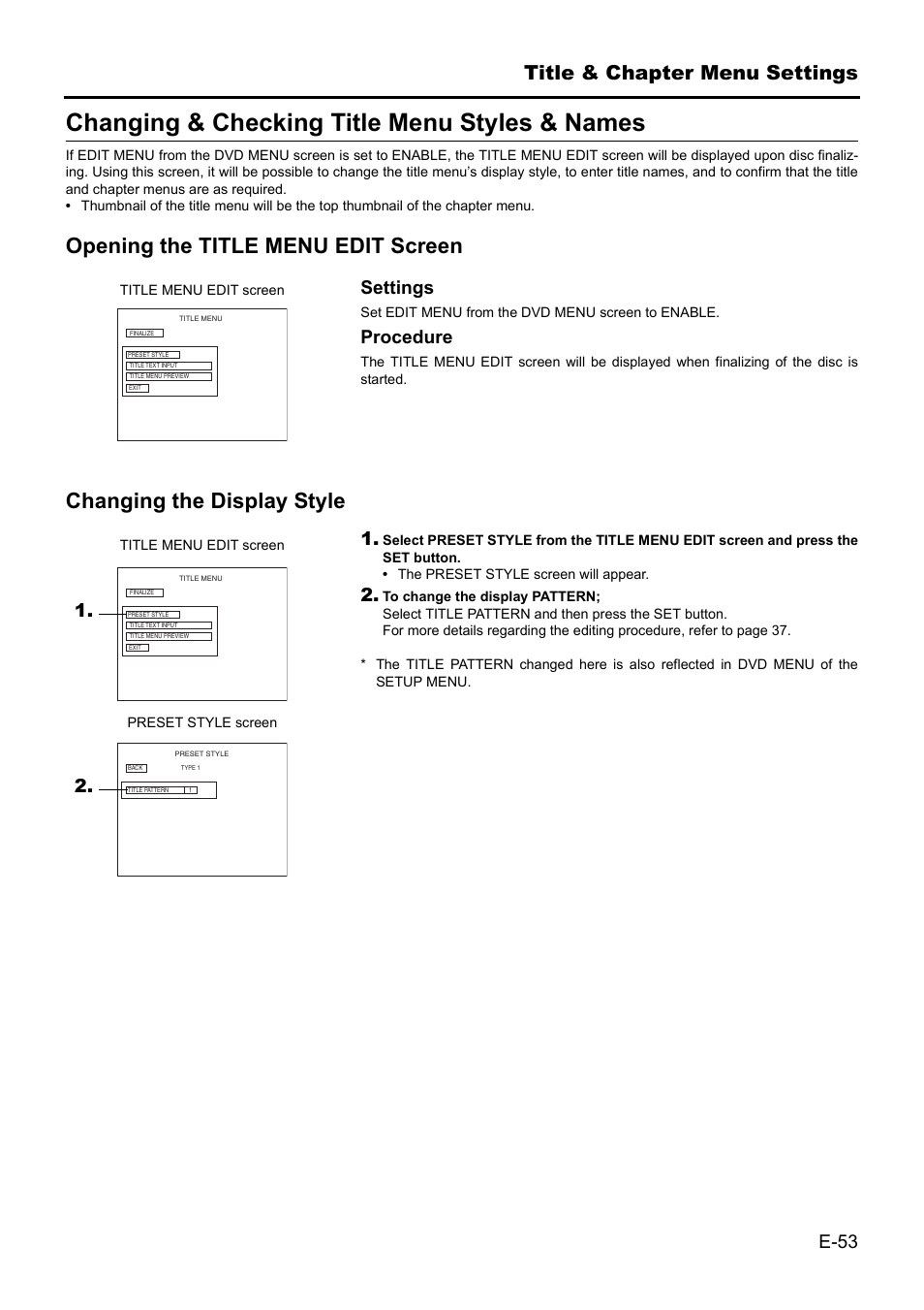 Changing & checking title menu styles & names, Title & chapter menu settings | JVC BD-X201MS User Manual | Page 53 / 498