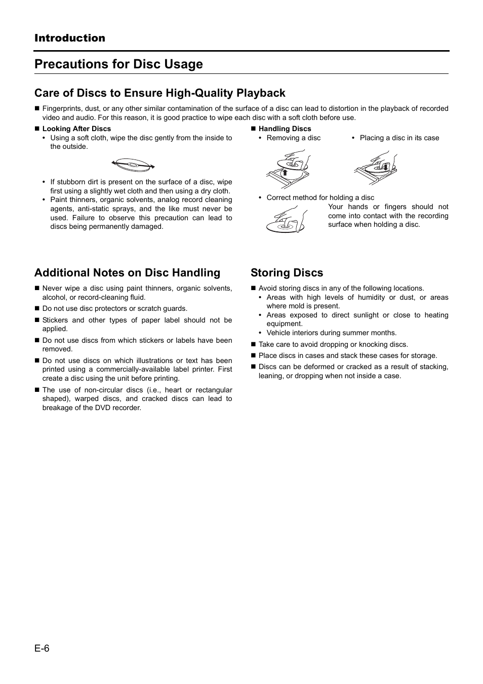 Precautions for disc usage, Care of discs to ensure high-quality playback, Storing discs | JVC BD-X201MS User Manual | Page 6 / 498