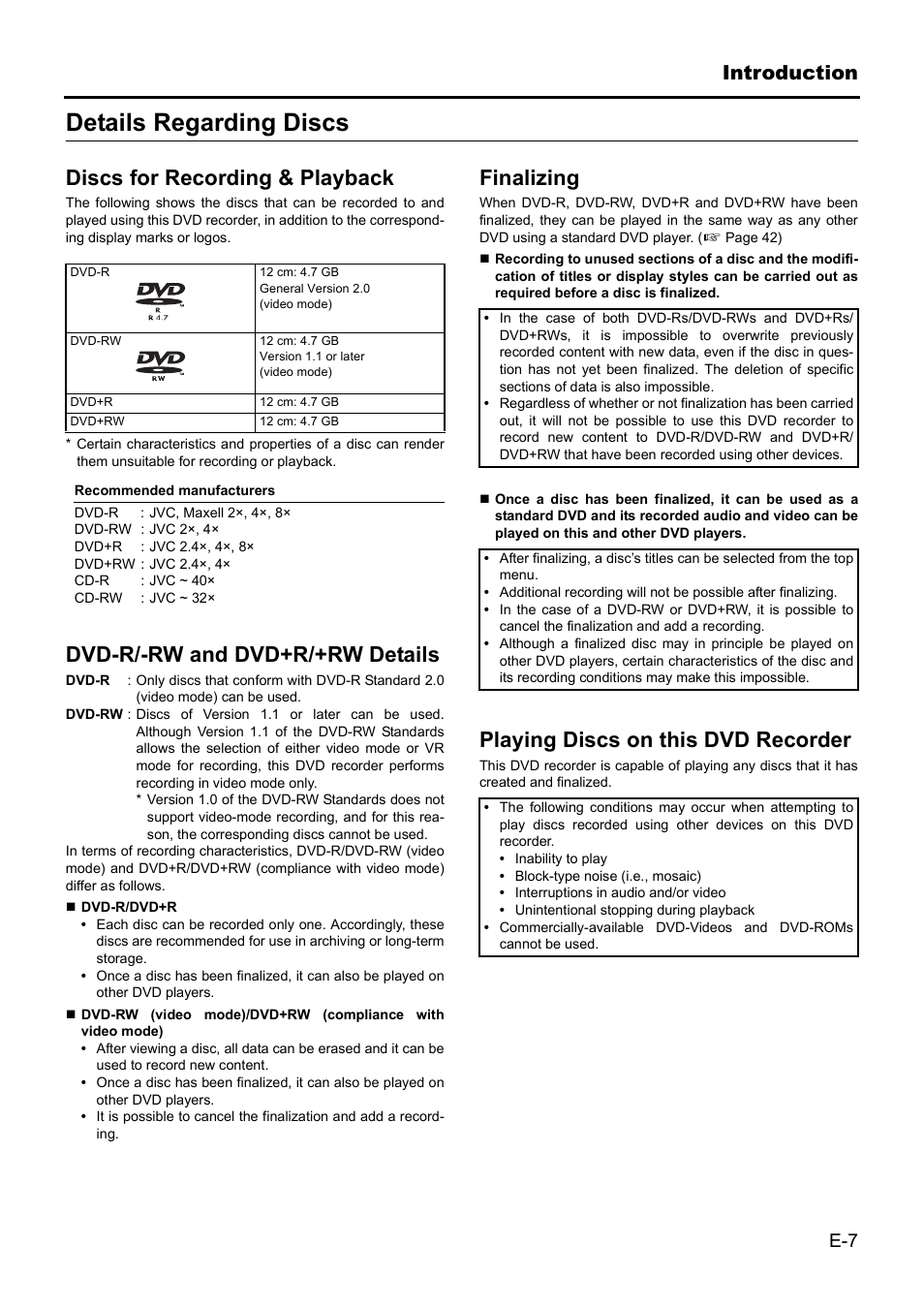 Details regarding discs, Discs for recording & playback, Dvd-r/-rw and dvd+r/+rw details | Finalizing, Playing discs on this dvd recorder | JVC BD-X201MS User Manual | Page 7 / 498