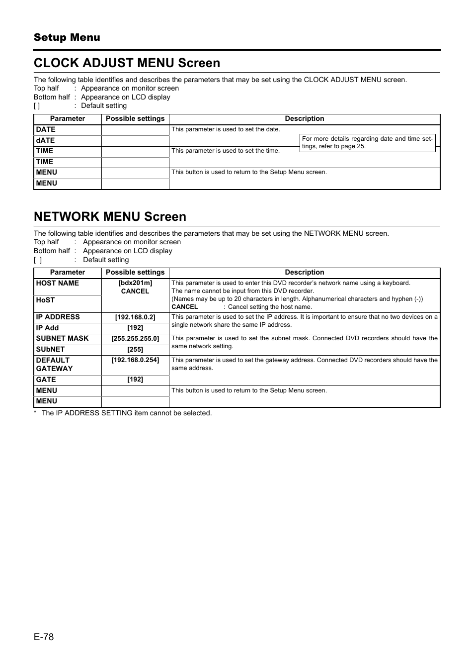 Clock adjust menu screen, Network menu screen, Clock adjust menu screen network menu screen | JVC BD-X201MS User Manual | Page 78 / 498