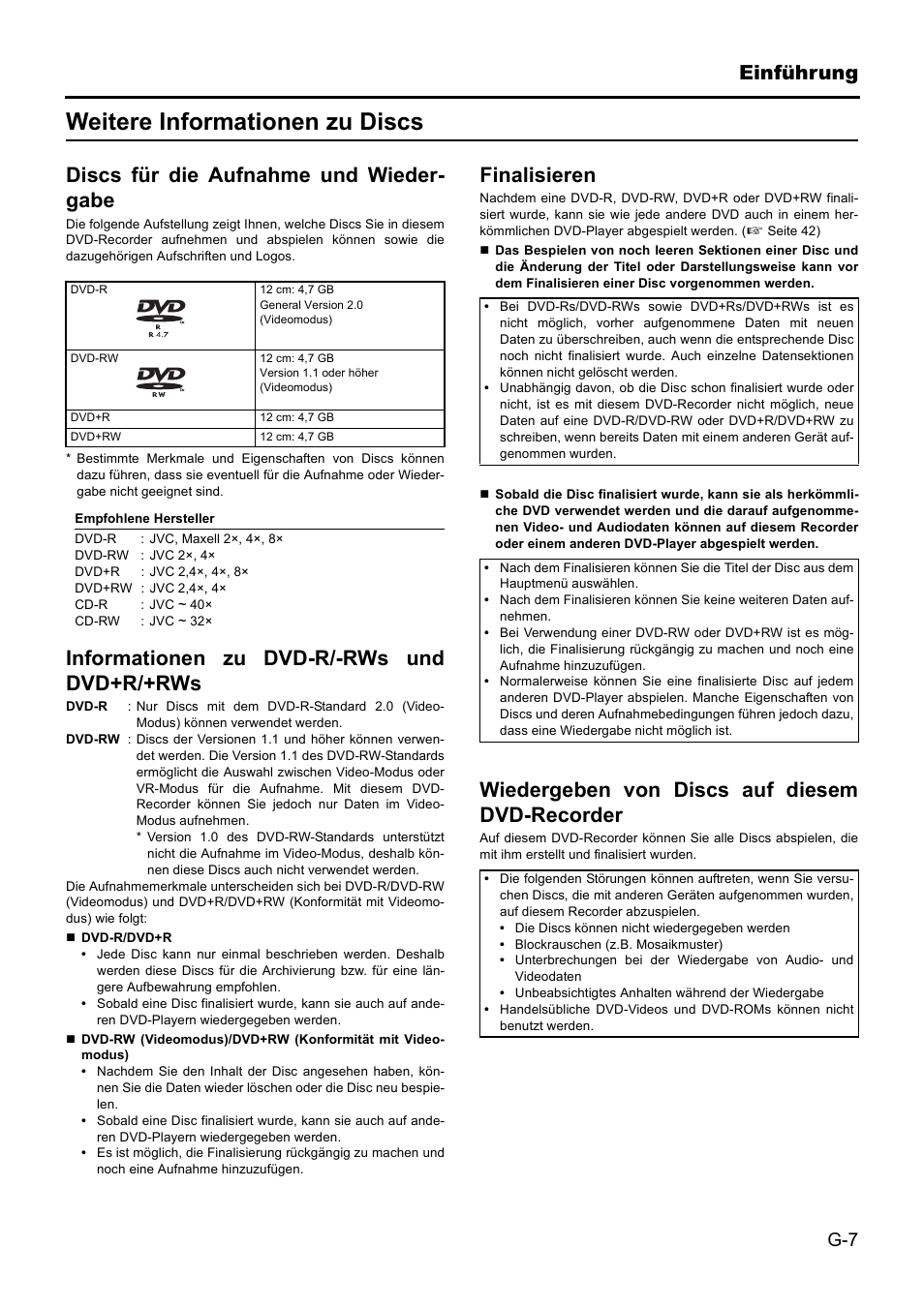 Weitere informationen zu discs, Einführung, Discs für die aufnahme und wieder- gabe | Informationen zu dvd-r/-rws und dvd+r/+rws, Finalisieren, Wiedergeben von discs auf diesem dvd-recorder | JVC BD-X201MS User Manual | Page 90 / 498