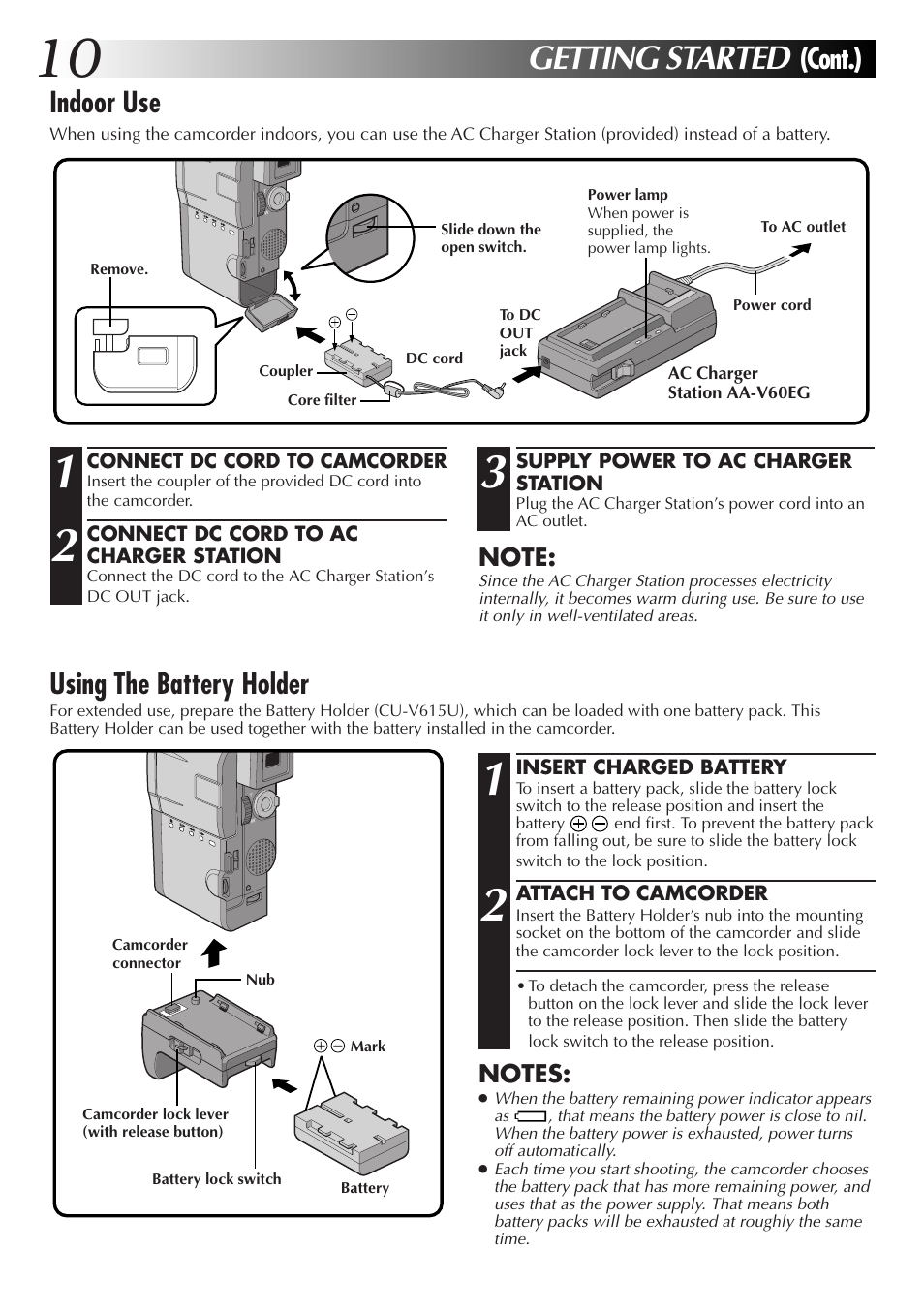 Getting started, Cont.), Indoor use | Using the battery holder | JVC GR-DVM55 User Manual | Page 10 / 88
