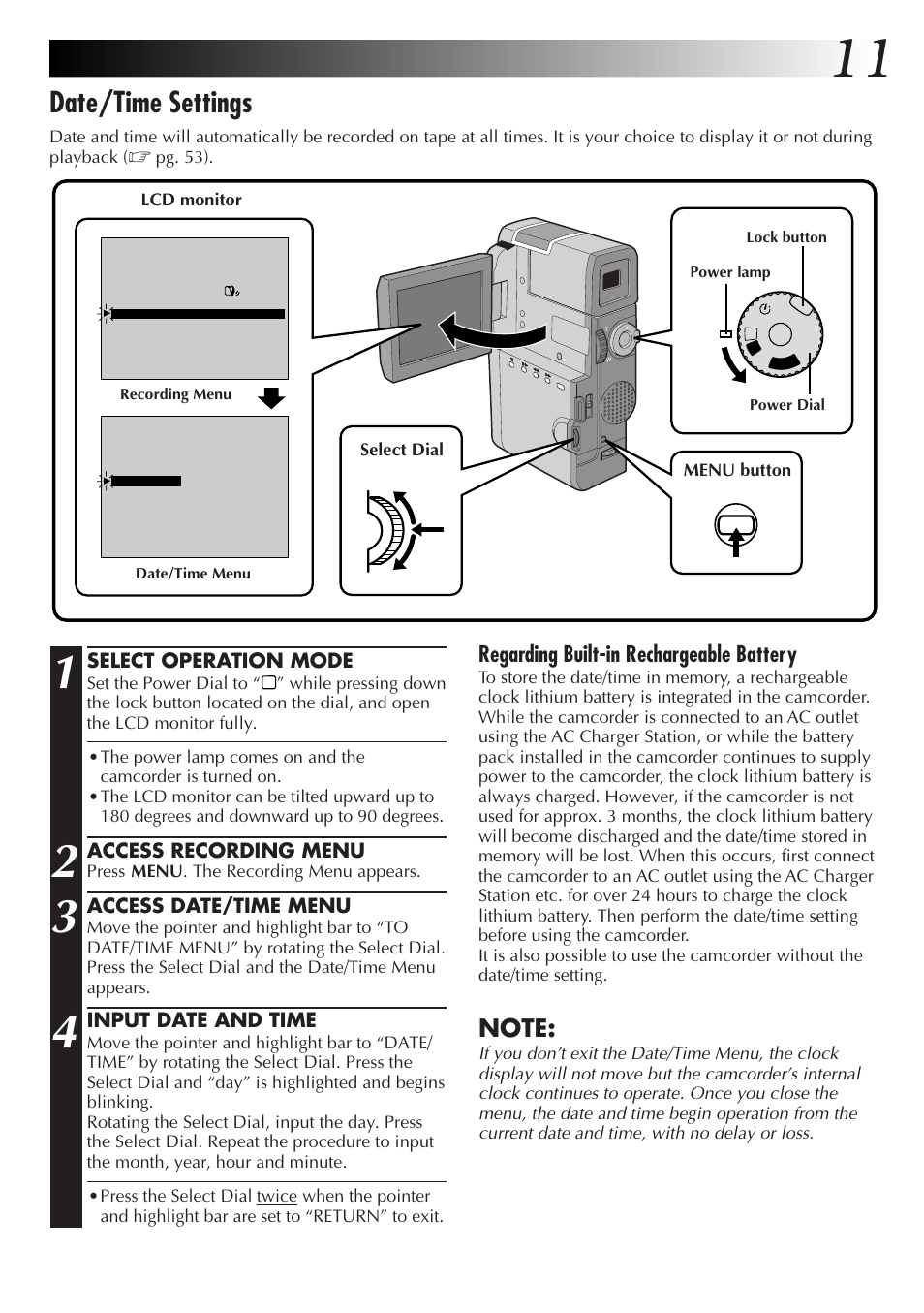 Date/time settings, Regarding built-in rechargeable battery | JVC GR-DVM55 User Manual | Page 11 / 88