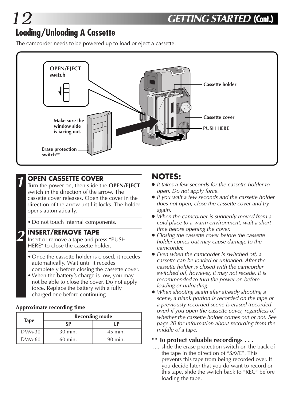 Getting started, Cont.) loading/unloading a cassette | JVC GR-DVM55 User Manual | Page 12 / 88