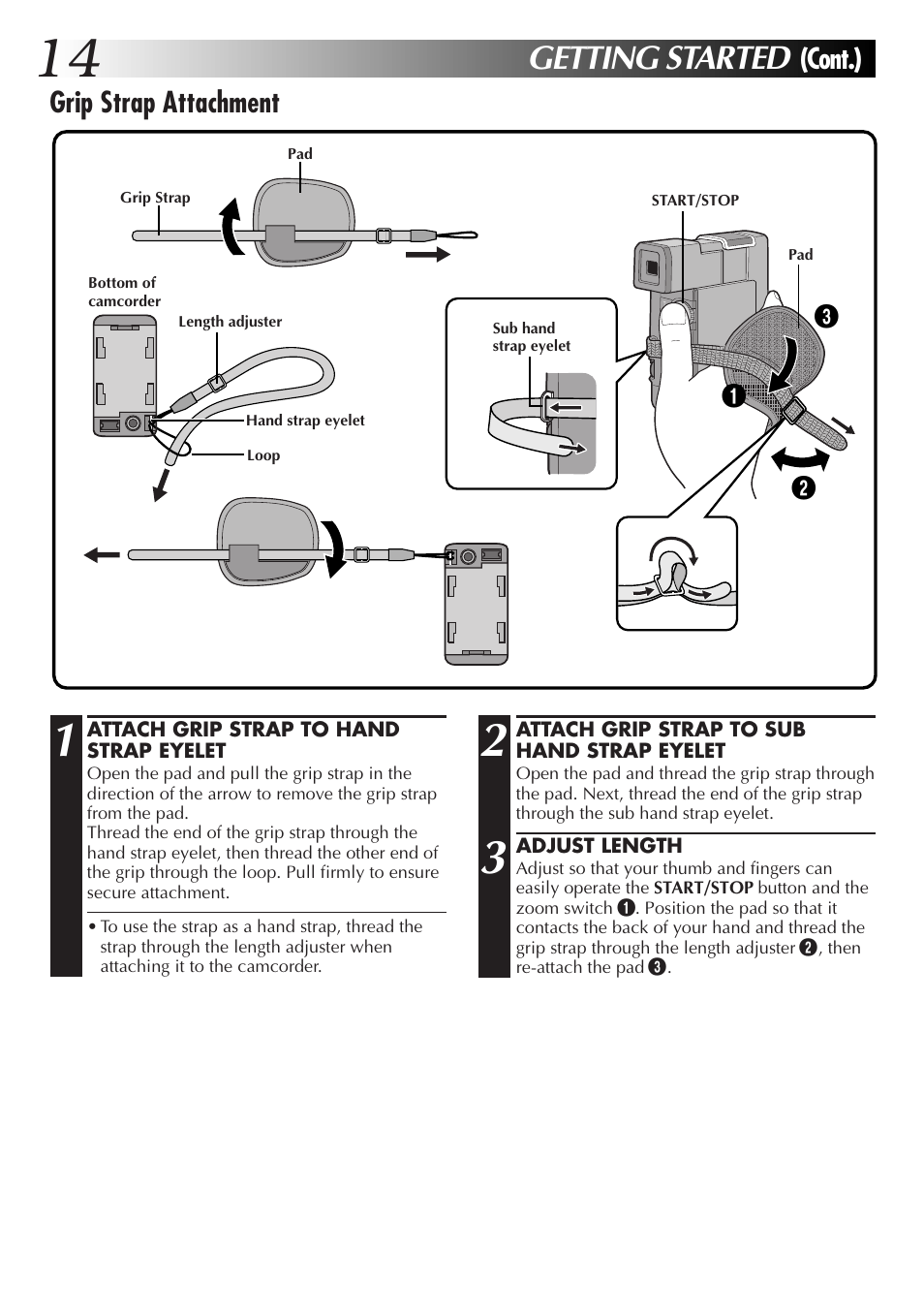 Getting started, Cont.) grip strap attachment | JVC GR-DVM55 User Manual | Page 14 / 88